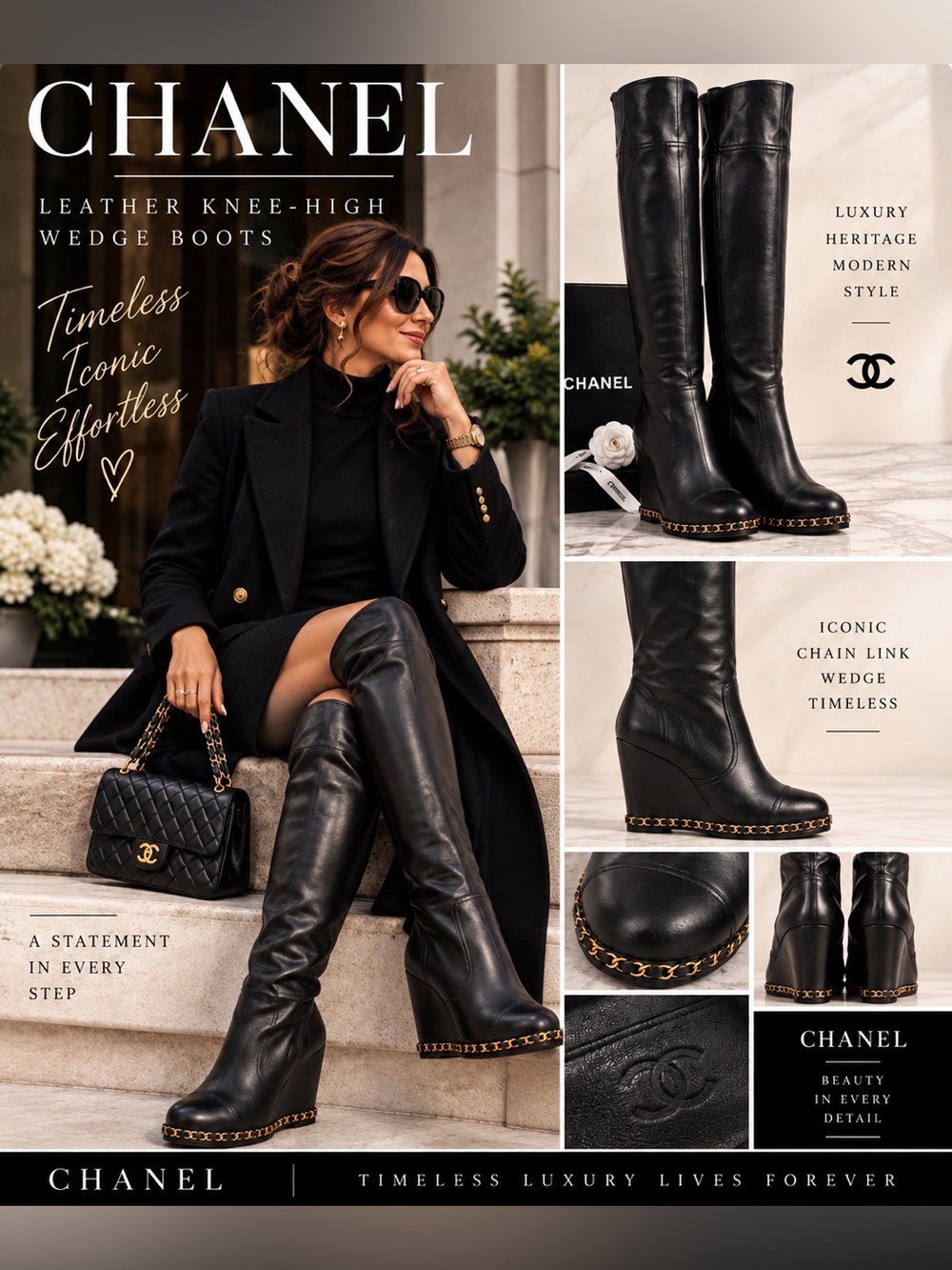 Chanel Leather Over The Knee High Chain Link Wedge Boots